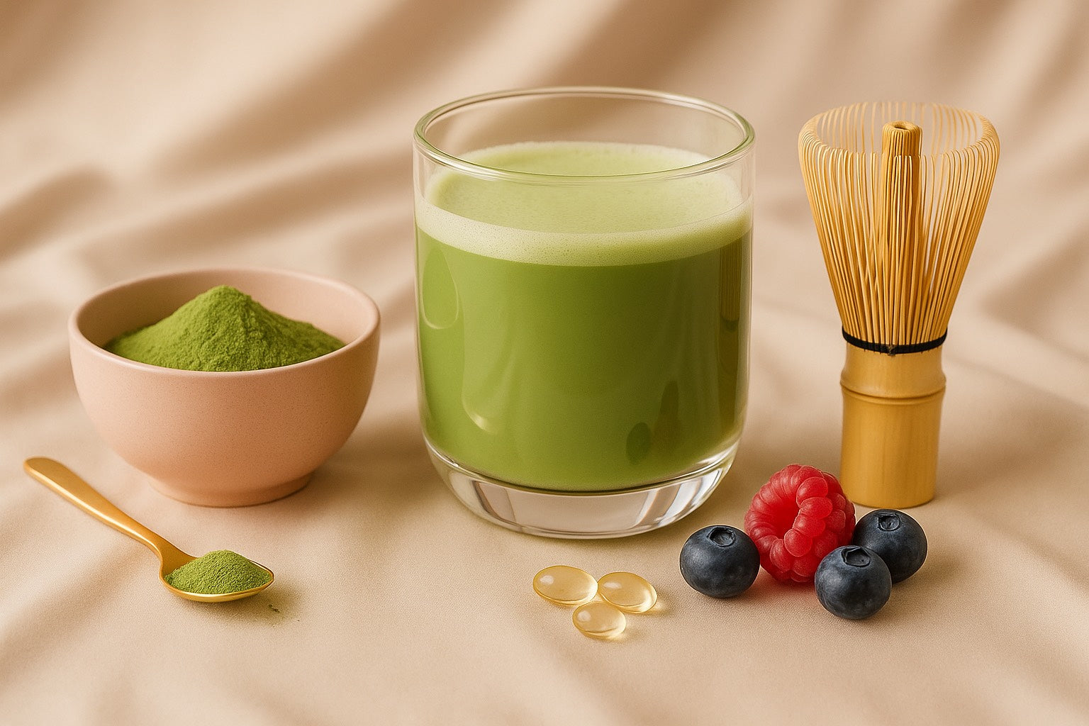 Matcha latte dans un verre double paroi avec poudre de matcha, fouet en bambou, fruits rouges et capsules sur fond satin beige.