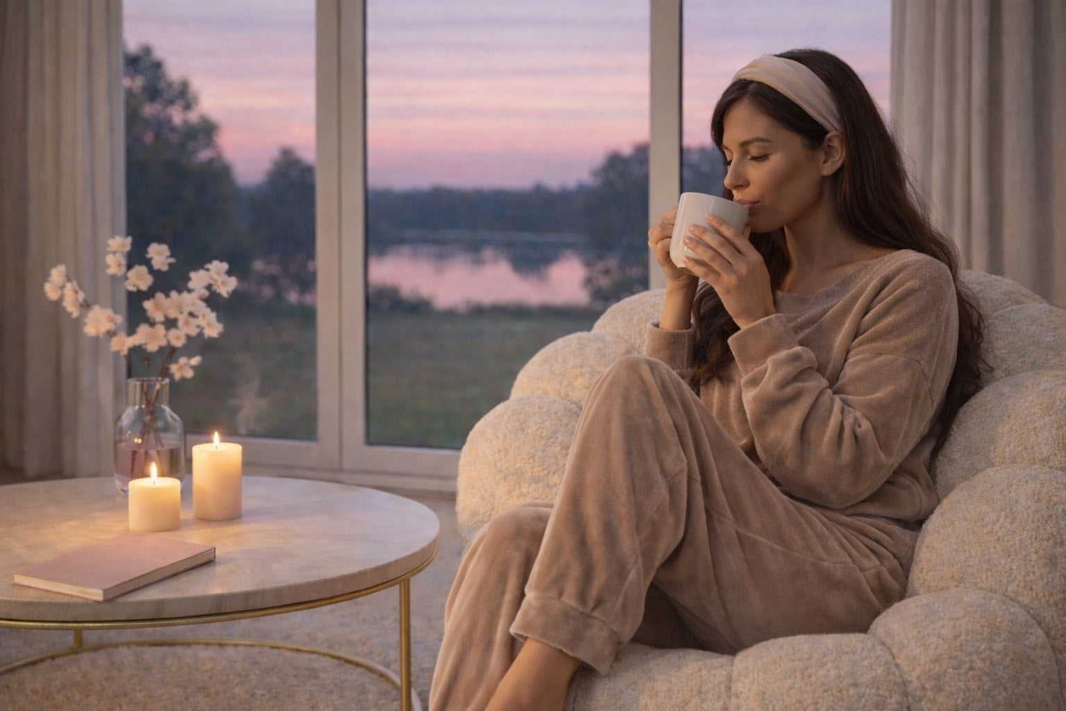 Femme en tenue cocooning beige buvant une infusion près d’une baie vitrée au coucher du soleil, ambiance rituel du soir apaisant.
