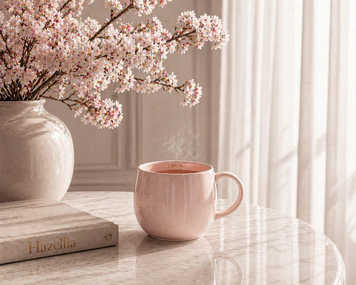 rituel éclat rosé Hazellia infusion à la rose ambiance paris élégance tasse rose lumière douce féminine