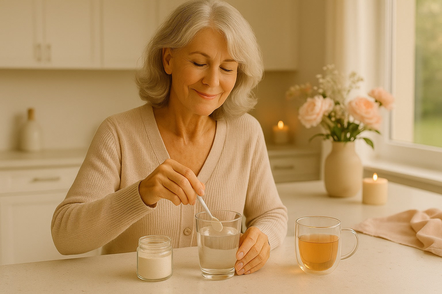 Femme mature souriante préparant une infusion dans une cuisine lumineuse, ambiance douce et élégante – univers Hazellia