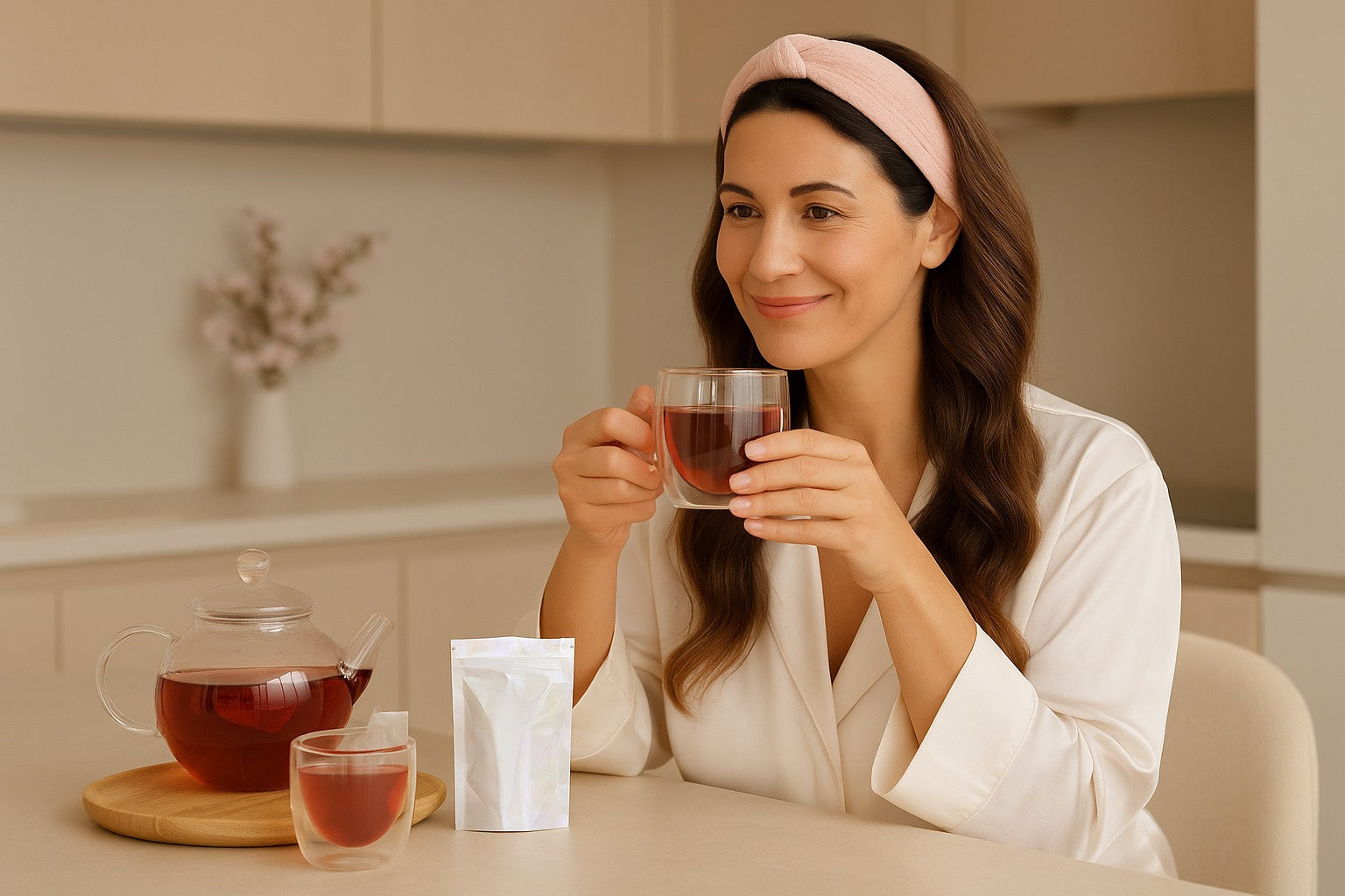 Femme sereine buvant une infusion chaude dans une ambiance cocooning, symbolisant un rituel naturel et apaisant pour la ménopause.