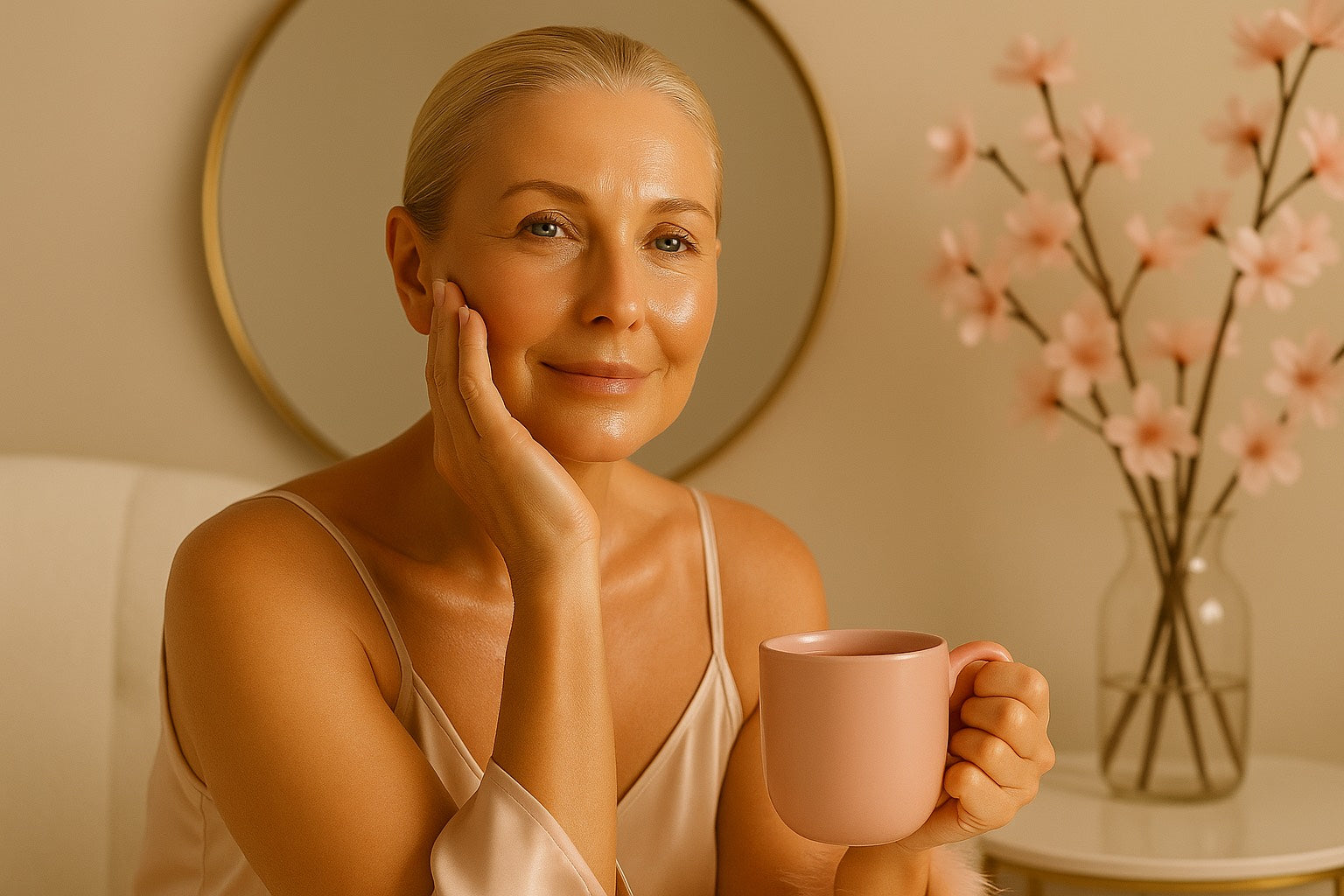 Femme mature souriante tenant une tasse, peau lumineuse, ambiance douce et fleurie — esthétique Hazellia.