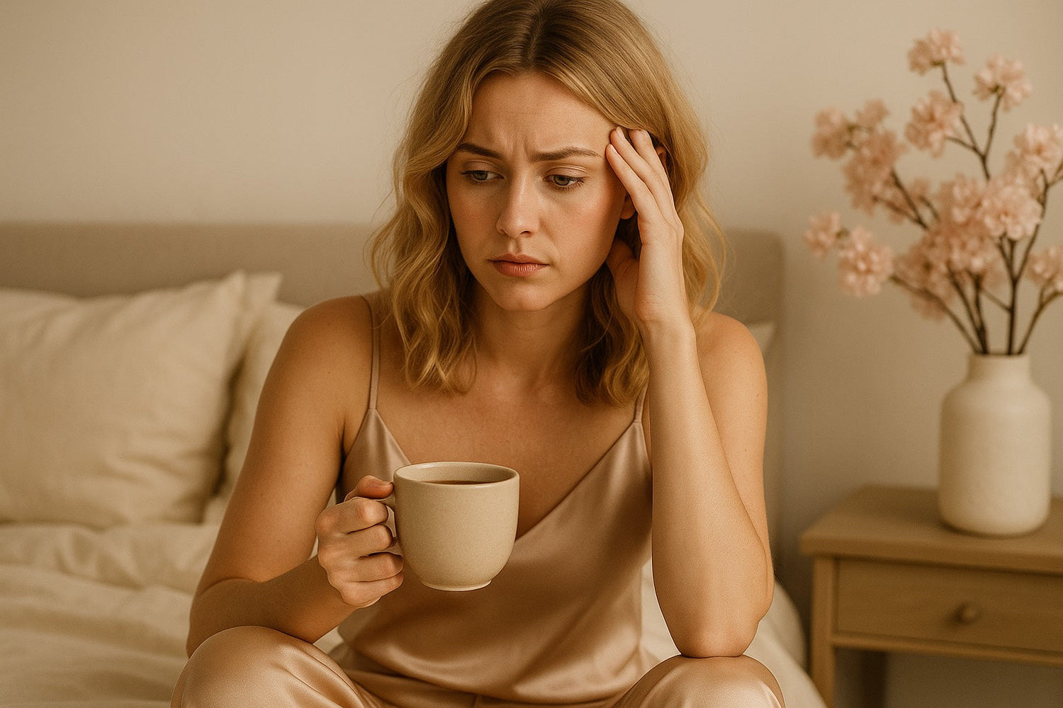 Femme fatiguée tenant une tasse dans une ambiance beige rosé, symbole de stress et fatigue émotionnelle.