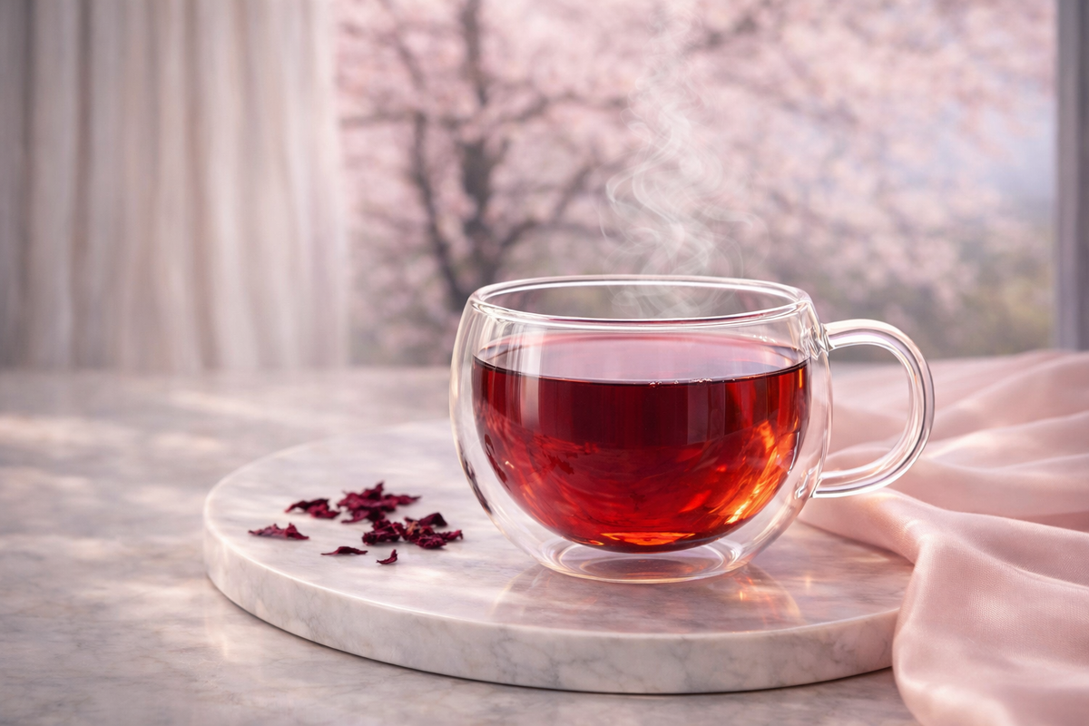 luxury hibiscus tea in glass cup glowing skin beauty ritual hazellia