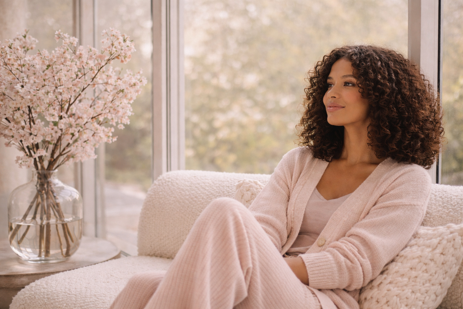 Femme brune aux cheveux frisés, peau mate, assise près d’une baie vitrée, vêtue d’un ensemble doux couleur beige, ambiance slow living avec vase transparent et fleurs de cerisier Hazellia.