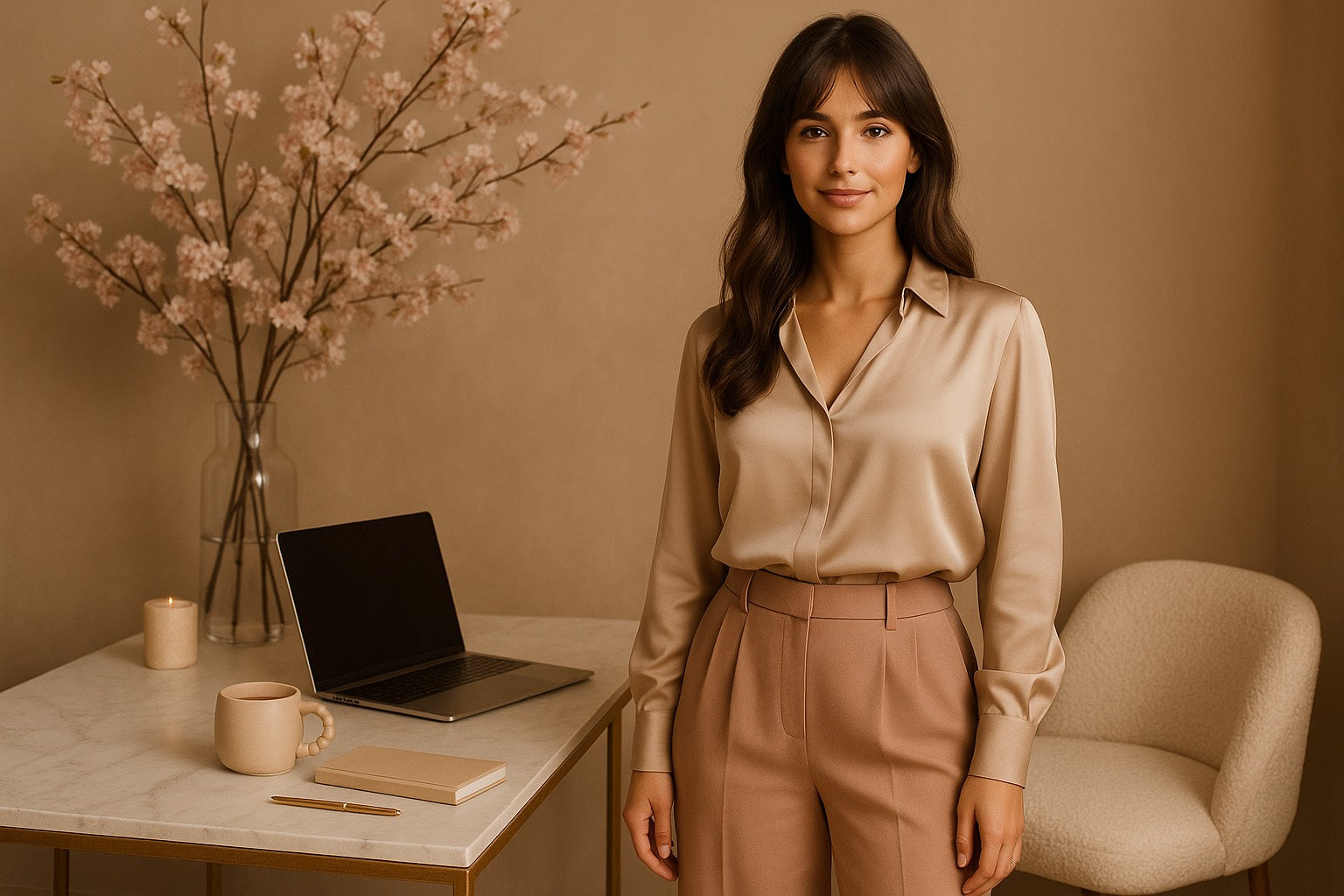 Femme confiante travaillant calmement devant un ordinateur dans un décor beige chic, symbolisant ambition douce et mindset féminin.