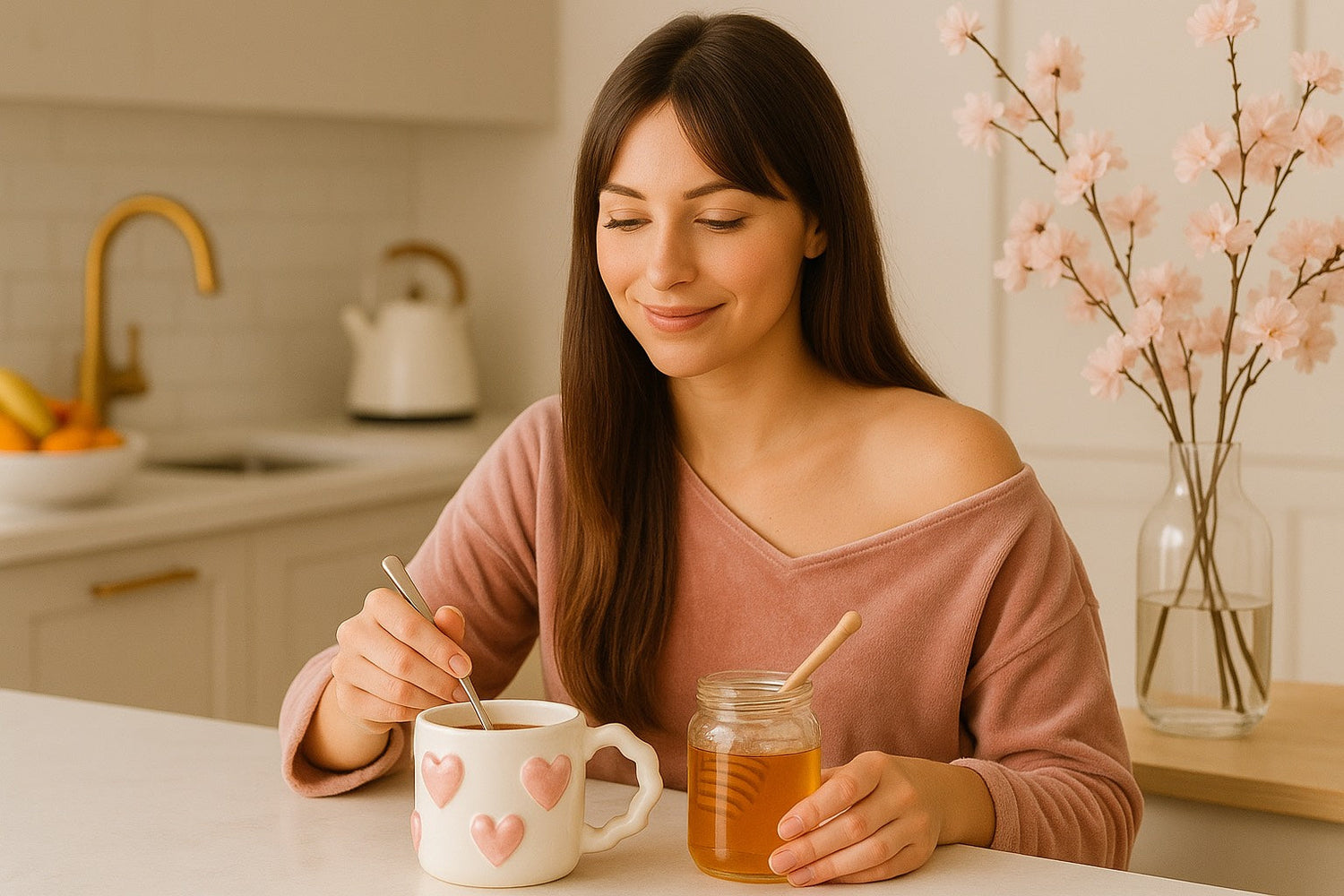 Femme assise à son îlot de cuisine avec une tasse crème décorée de cœurs roses, un pot de miel et un vase de fleurs de cerisier. Ambiance douce, féminine et cocooning.