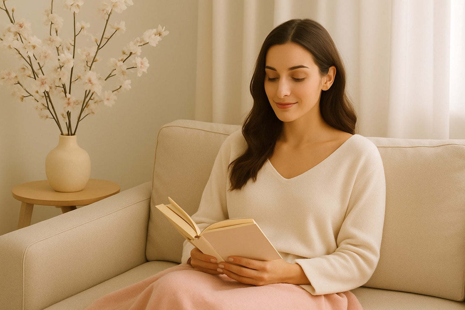 Femme lisant un livre sur un canapé dans une ambiance cosy