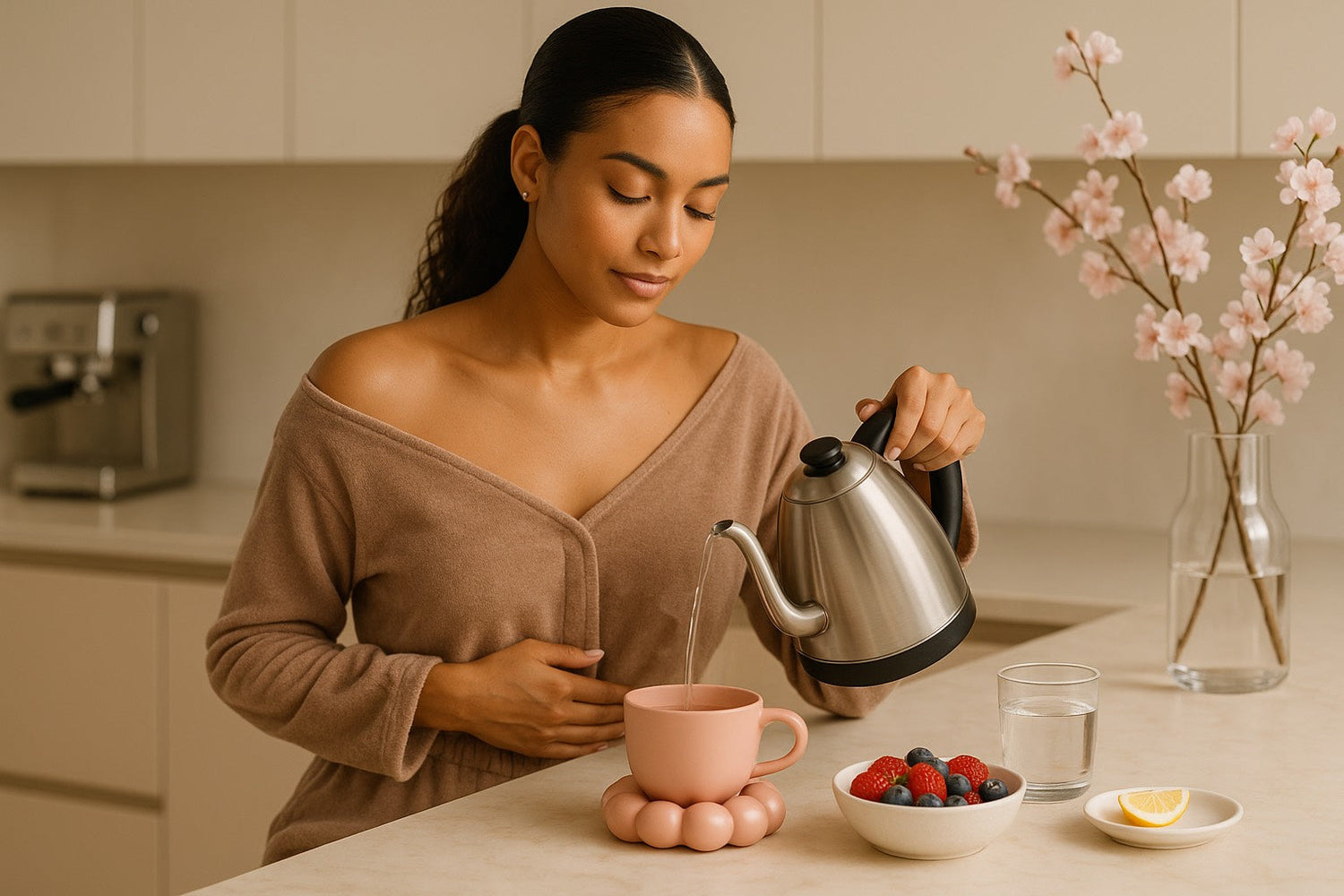 Femme apaisée préparant une infusion avec des fruits rouges, représentant un rituel bien-être et une alimentation équilibrée pour soutenir l’équilibre hormonal.
