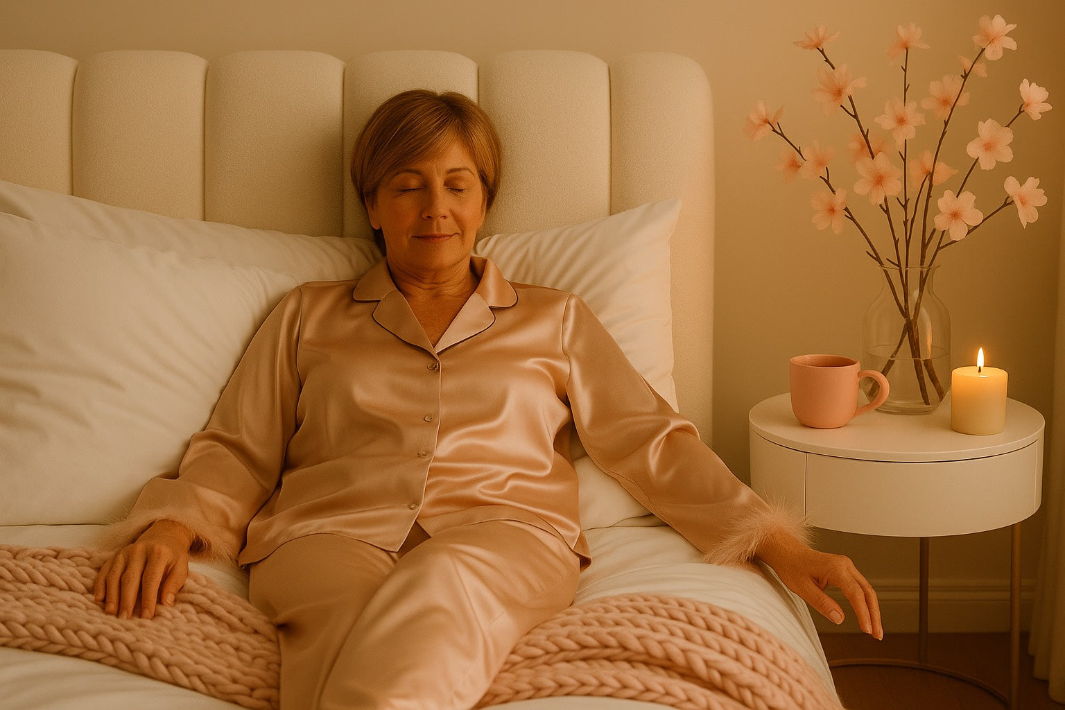 Femme mature en pyjama satiné se relaxant dans un lit, ambiance douce avec bougie et mug — rituel du soir pour apaiser le bien-être hormonal.
