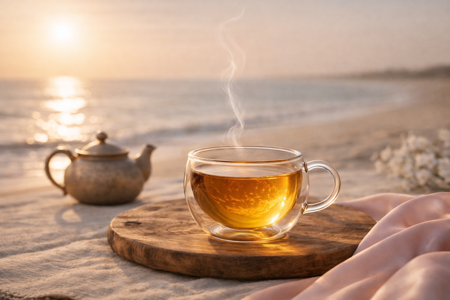 Infusion chaude sur une plage au coucher du soleil, rituel bien-être inspiré du Sénégal avec une tasse de thé et une ambiance chaleureuse et féminine
