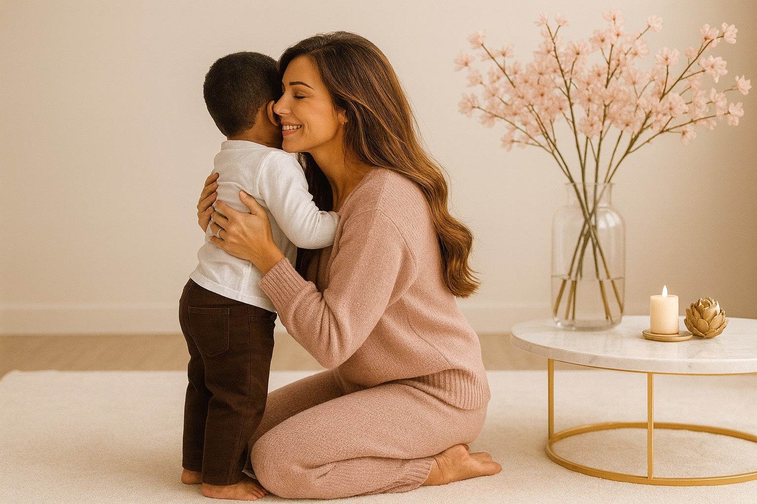 Maman élégante en maille rose tenant son fils dans un intérieur lumineux et cocooning, ambiance bien-être Hazellia.