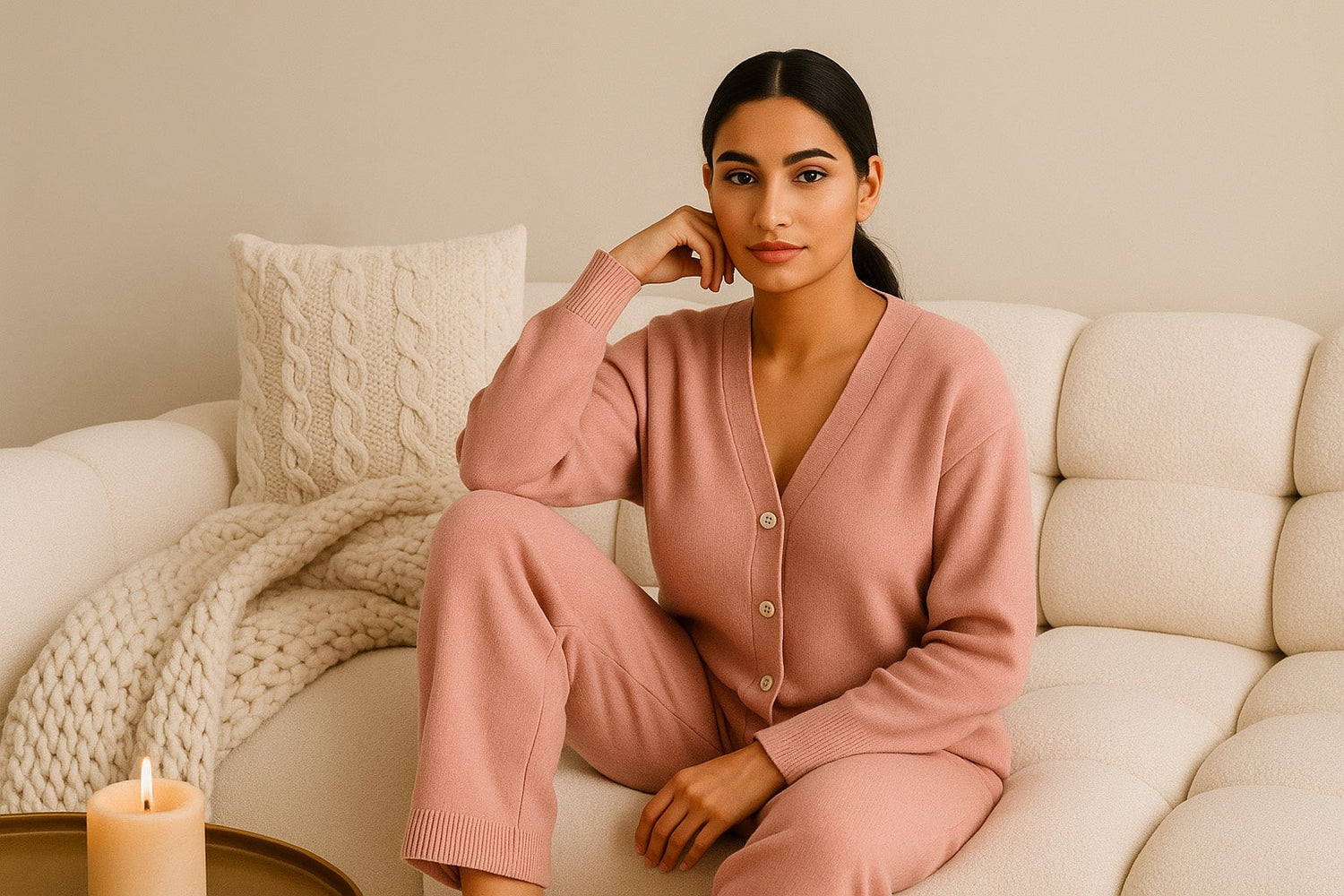 Femme élégante assise sur un canapé crème, portant un ensemble en maille rose poudré HazWear. L’ambiance est douce, cocooning et lumineuse, typique de l’univers Hazellia où le confort rencontre l’élégance.