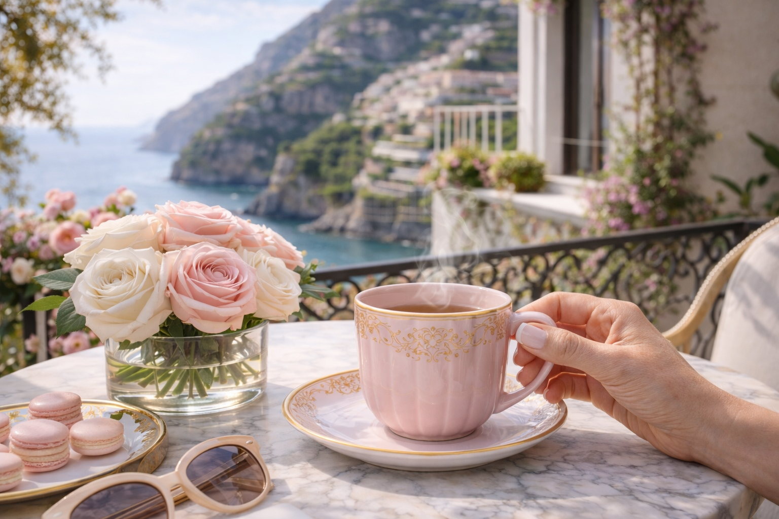 Infusion chaude dans tasse rose dorée avec roses et macarons sur plateau marbre face à la mer en Italie, rituel féminin dolce vita luxe Hazellia