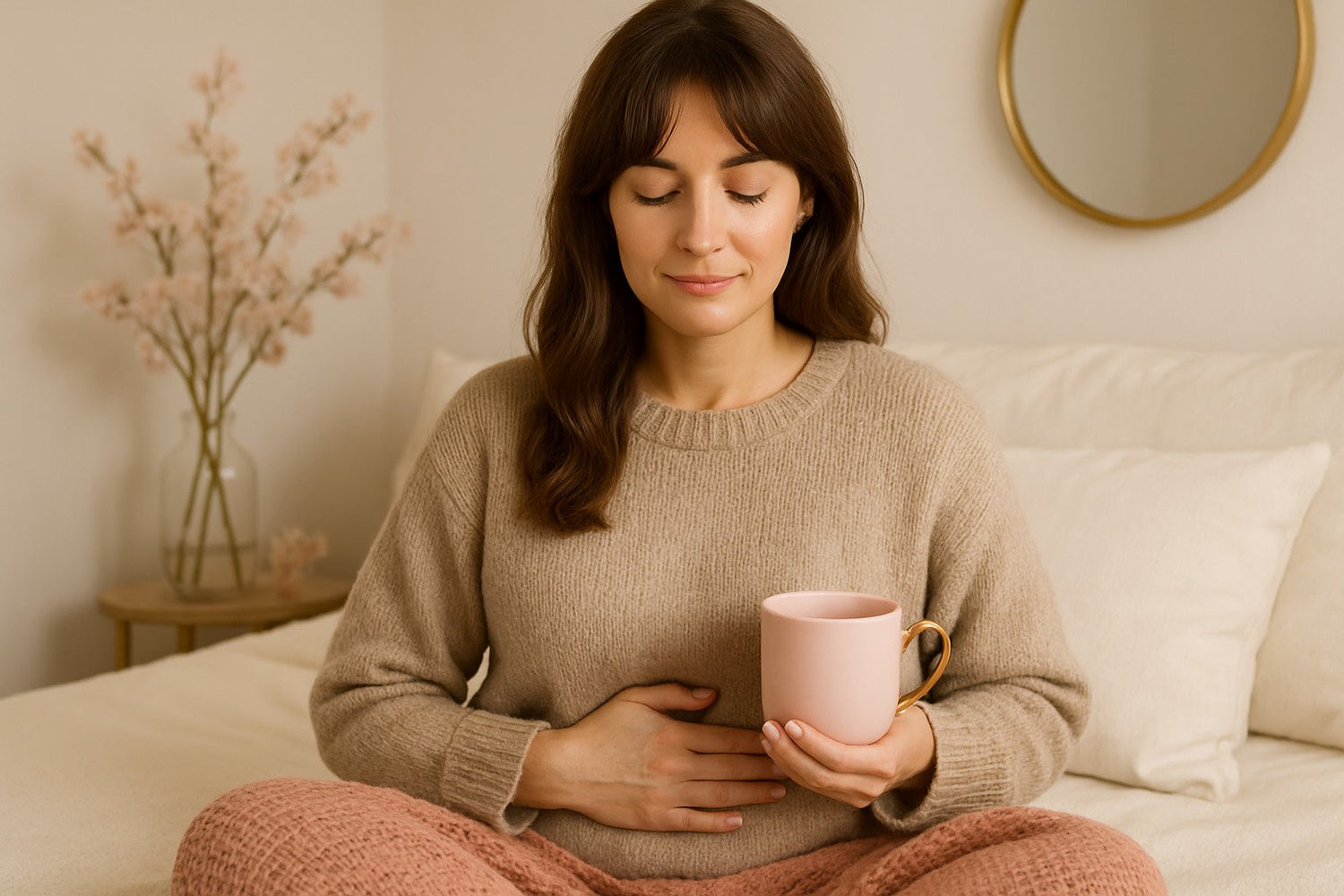 Femme assise dans un lit, tenant une tasse chaude et posant une main sur son ventre, moment de réconfort pendant le SPM, ambiance douce beige et rose, rituel bien-être féminin.