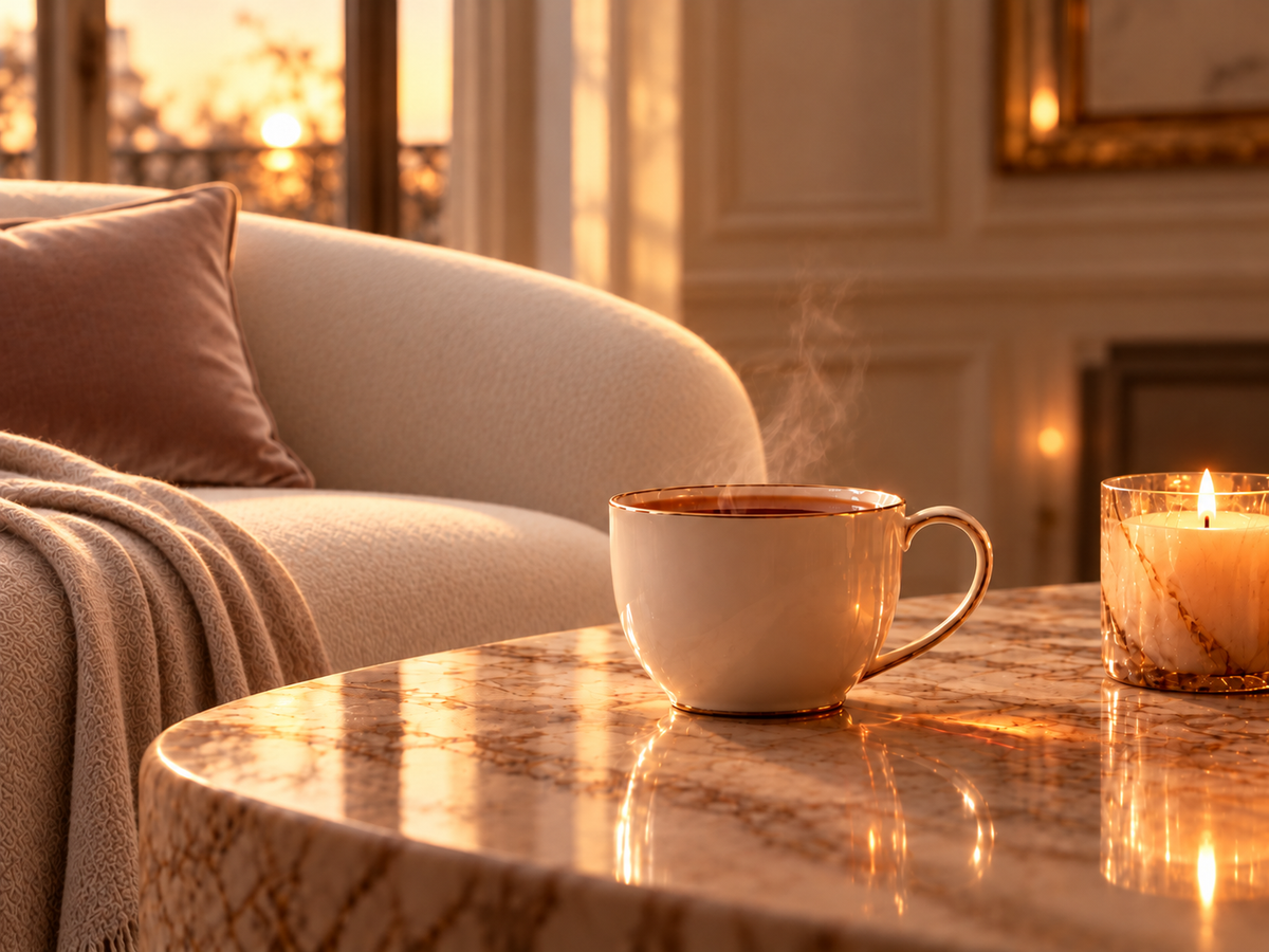 Rituel Douceur Velours – infusion Velvet Songe dans une tasse ivoire, bougie allumée et salon contemporain à la lumière du soir | Hazellia