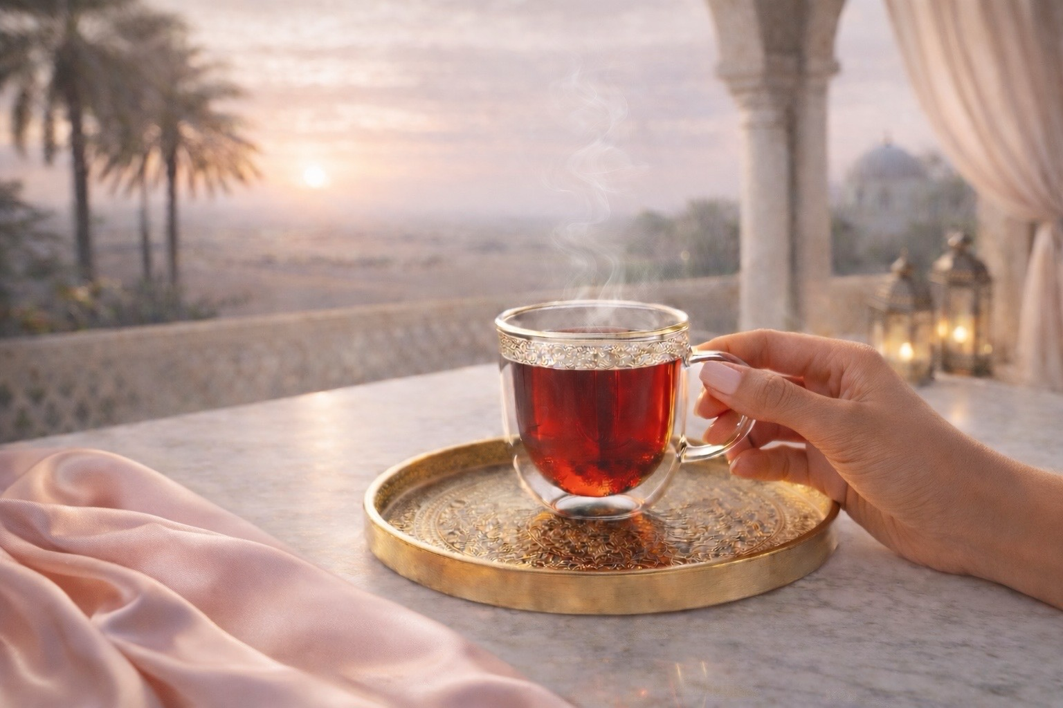 Infusion chaude dans tasse en verre dorée sur plateau oriental avec satin rose et lumière du désert, rituel féminin luxe inspiré de l’Orient Hazellia