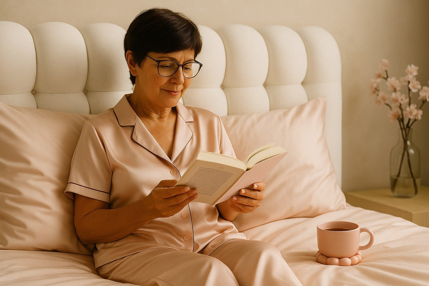 Femme mature lisant calmement dans une chambre douce, ambiance cocooning Hazellia avec tasse et fleurs de cerisier.