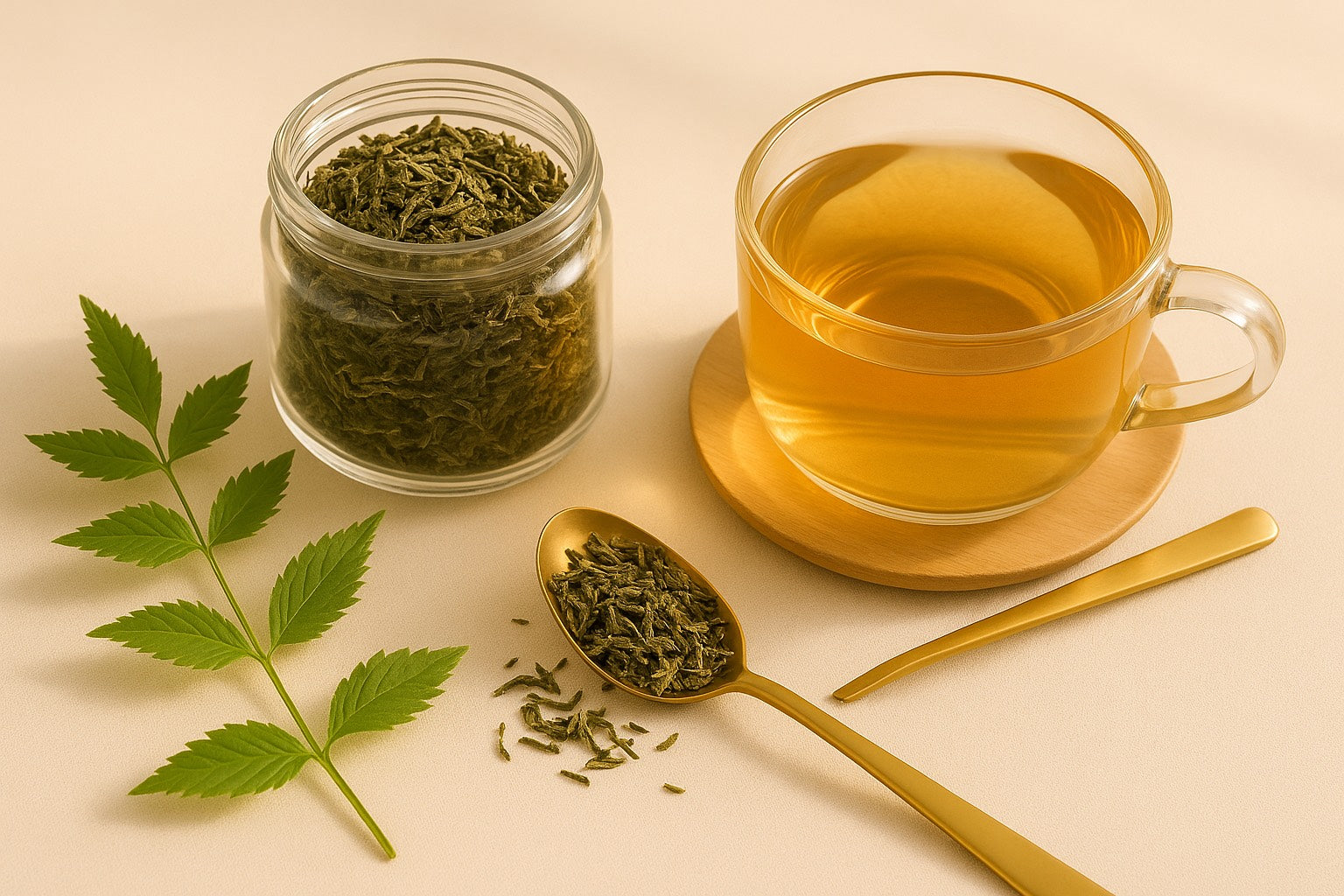 Infusion de thé vert premium Hazellia servie dans une tasse transparente avec feuilles naturelles et cuillère dorée sur fond beige — ambiance douce, wellness et féminine.