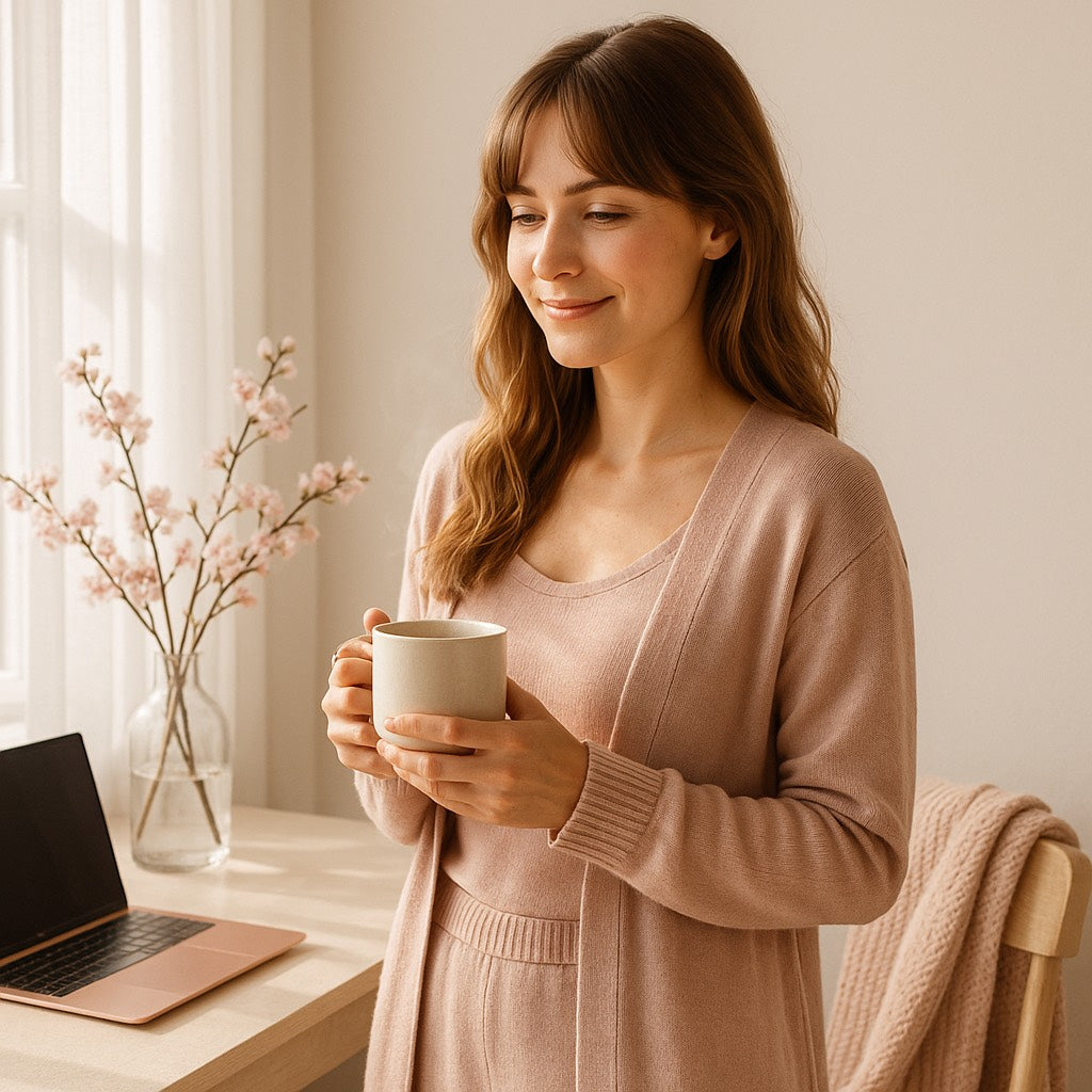 Femme sereine en homewear rose tenant une tasse chaude près d’un bureau, symbole de douceur, focus et confiance en soi.