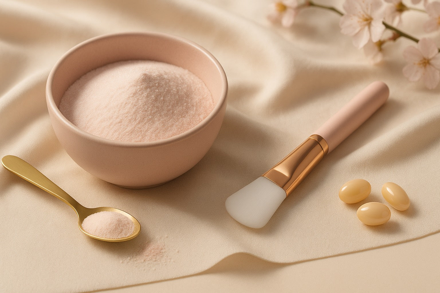 Bol rose de collagène en poudre avec cuillère dorée, pinceau beauté et capsules sur fond satiné beige.
