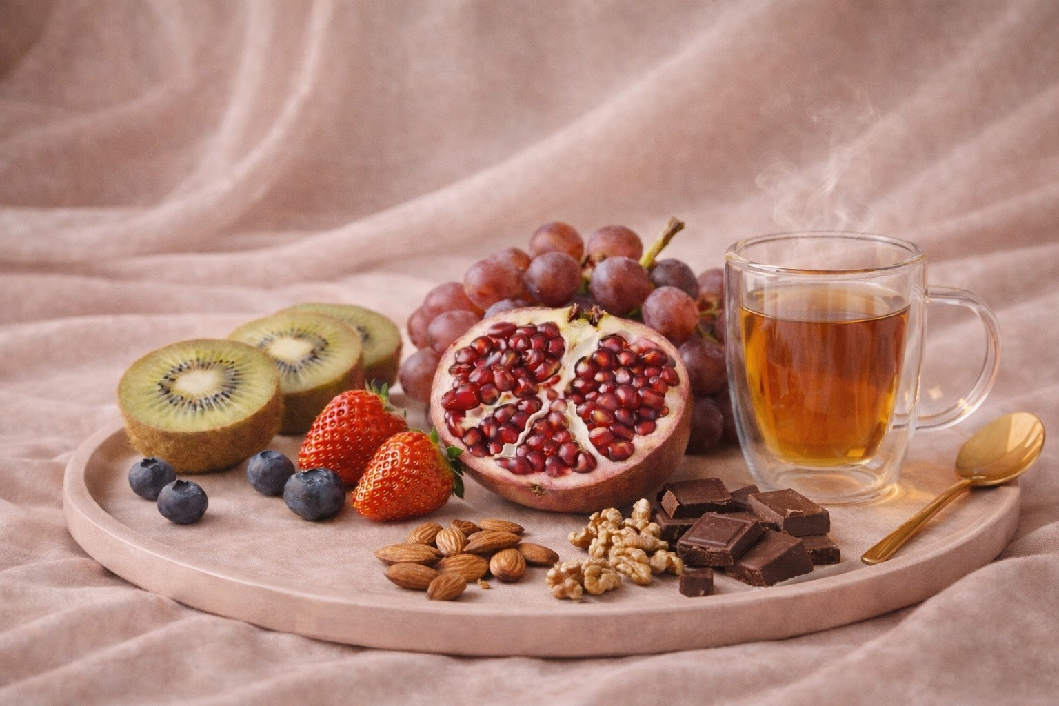 Plateau de skin food avec fruits antioxydants, fruits secs, chocolat noir et infusion pour soutenir le bien-être émotionnel.