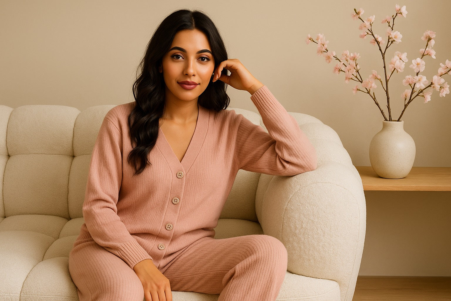 Femme elegante aux cheveux bruns ondules assise sur un canape blanc portant un ensemble en maille rose poudre ambiance douce et lumineuse Hazellia