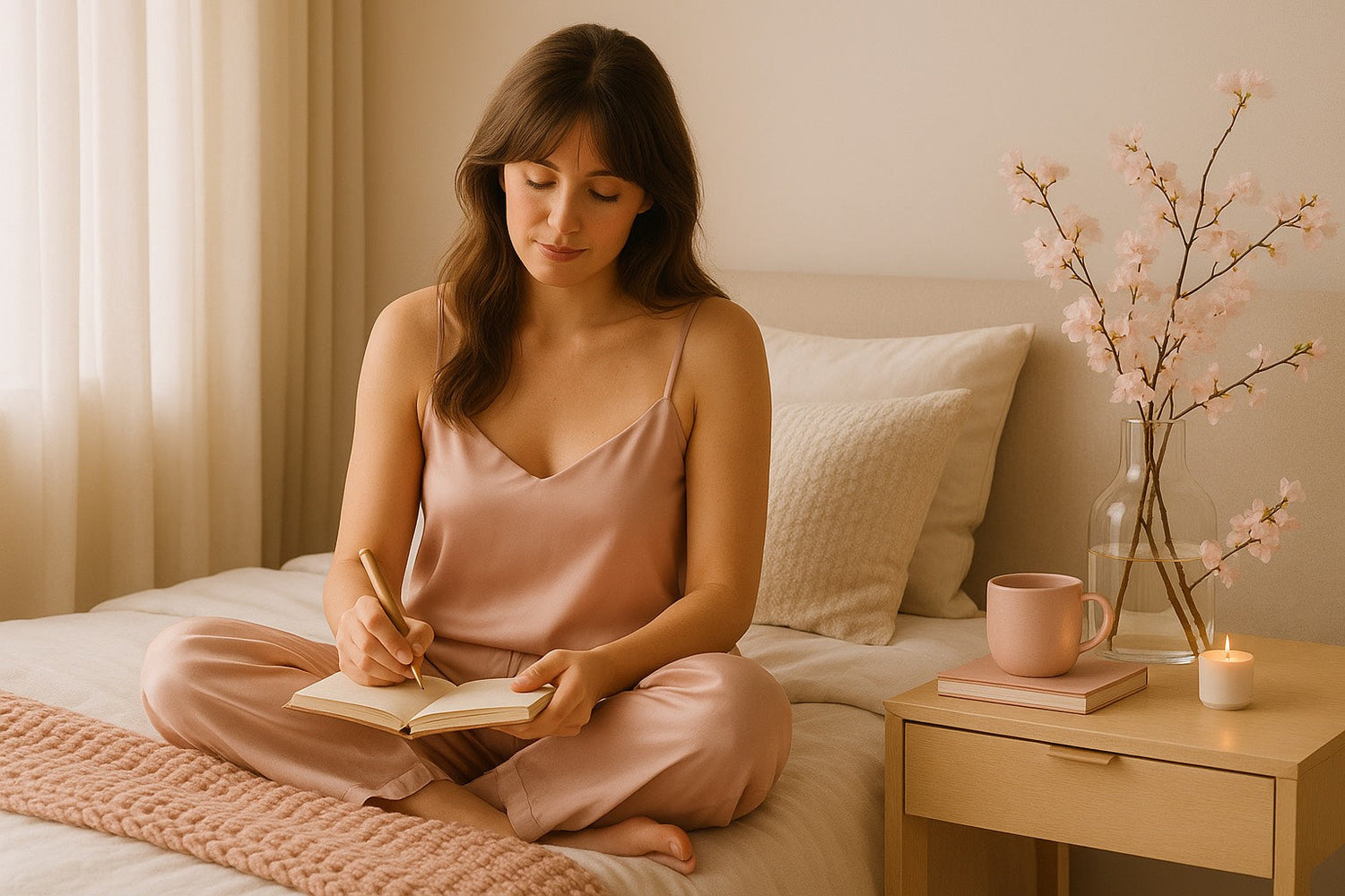 Femme assise sur son lit en tenue satinée rose, écrivant dans un journal intime pour libérer sa charge mentale. Décor doux avec fleurs, tasse chaude et bougie. Ambiance apaisante, bien-être et self-care féminin.