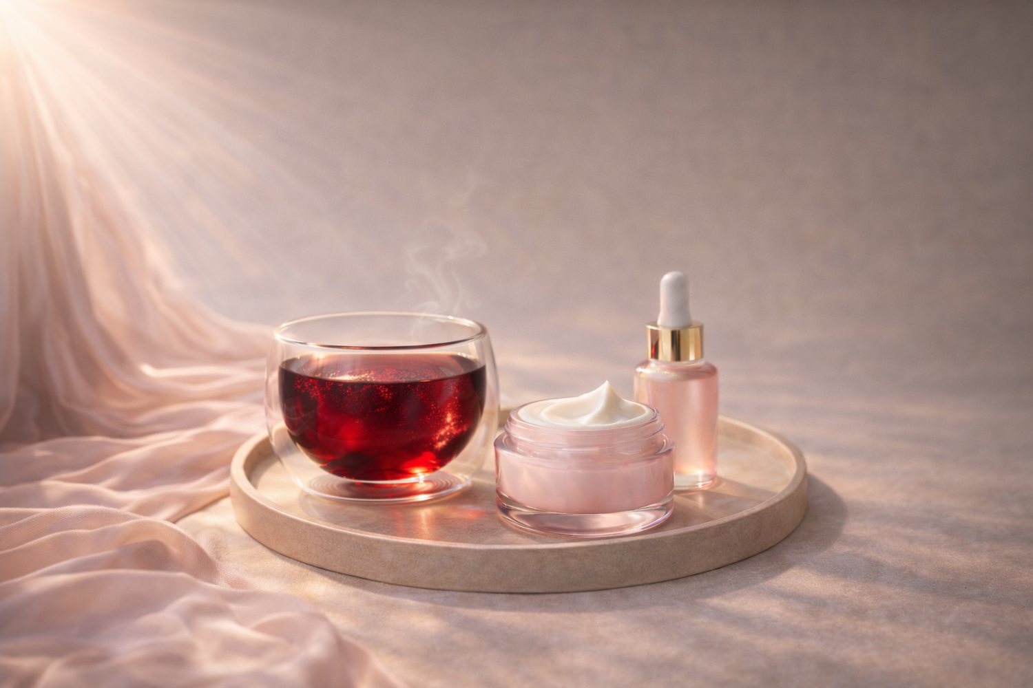 Rituel beauté naturel pour une peau lumineuse avec infusion, crème visage et sérum sur plateau en marbre