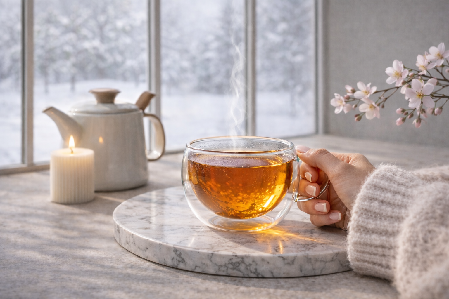 infusion chaude dans tasse en verre double paroi avec vapeur, ambiance cocooning scandinave hiver, rituel féminin bien-être Hazellia