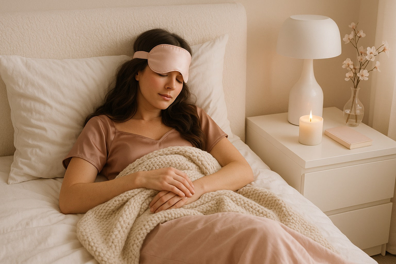 Femme endormie avec un masque de sommeil rose et une couverture douce, ambiance calme et rituel du soir.