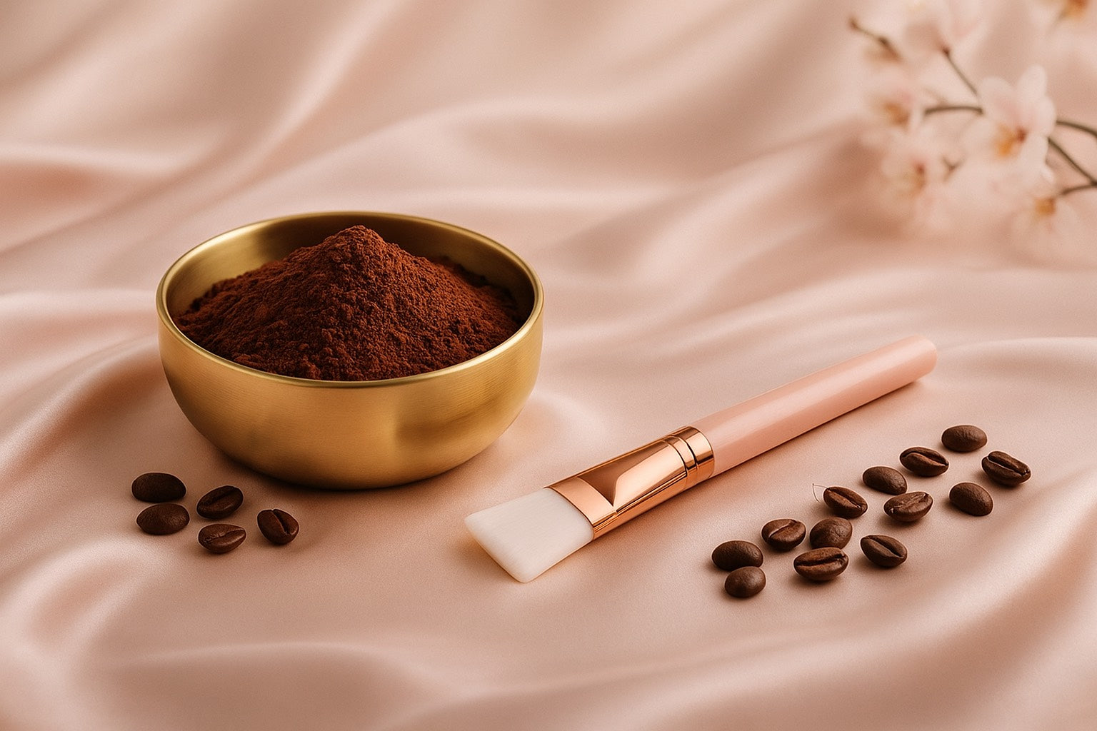 Bol doré rempli de café moulu pour un masque café miel, grains de café et pinceau beauté posés sur fond satin rose poudré, ambiance skincare premium Hazellia