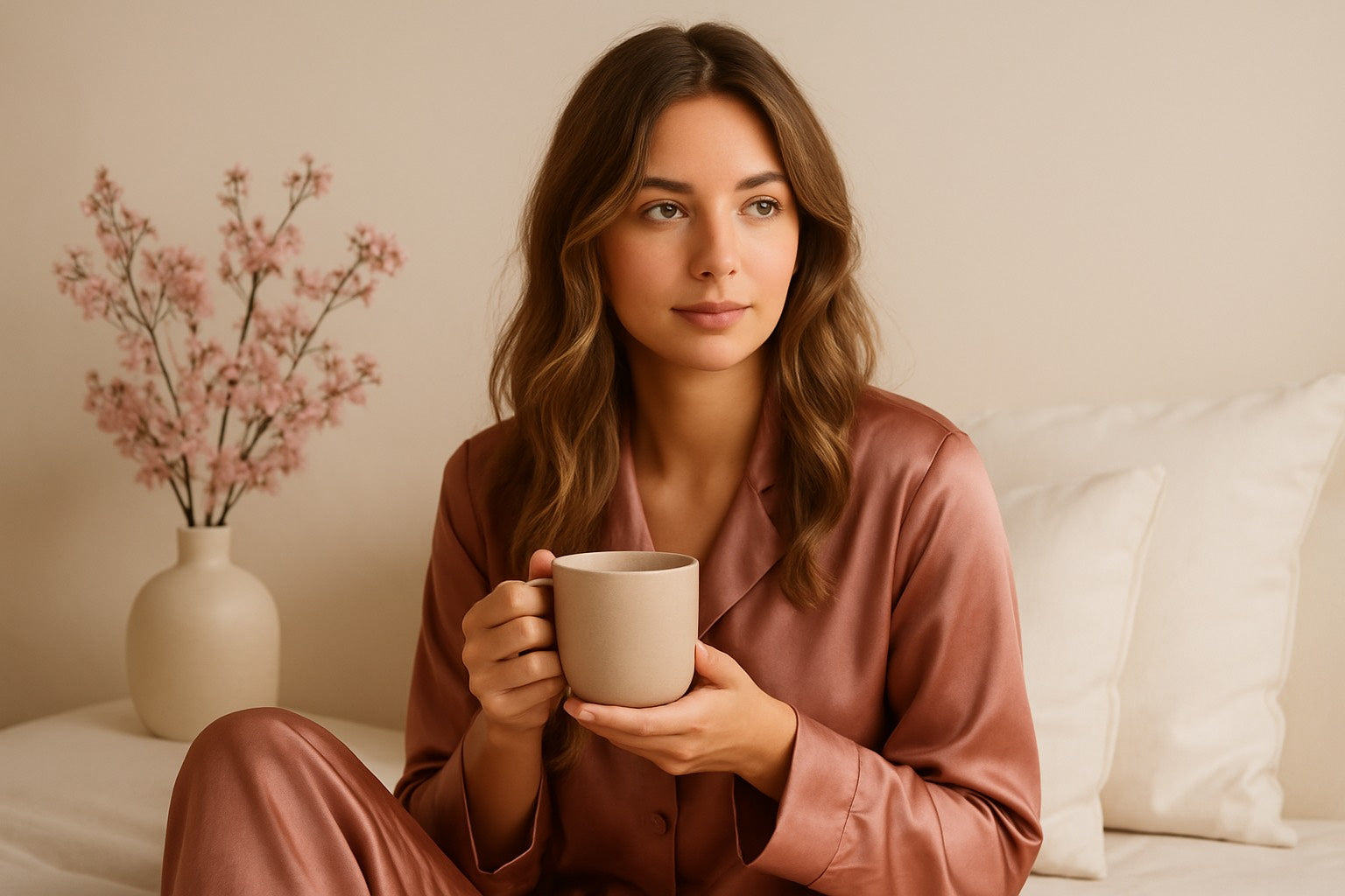 Femme en satin rose tenant une tasse chaude, assise sur un lit beige avec fleurs de cerisier — ambiance détente, bien-être et cocooning premium Hazellia.