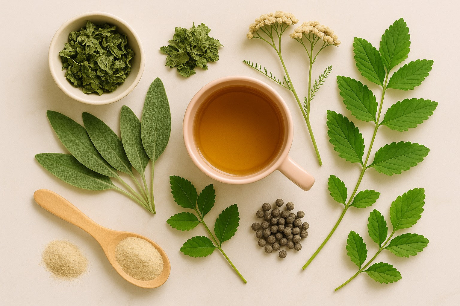 Plantes médicinales pour infusion ménopause sur fond clair avec tasse et ingrédients naturels.