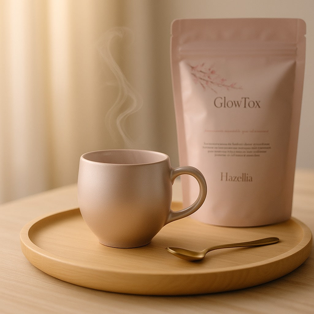 Tasse rose mate posée sur un plateau en bois avec un sachet d’infusion GlowTox Hazellia en arrière-plan, ambiance cosy douce et féminine.