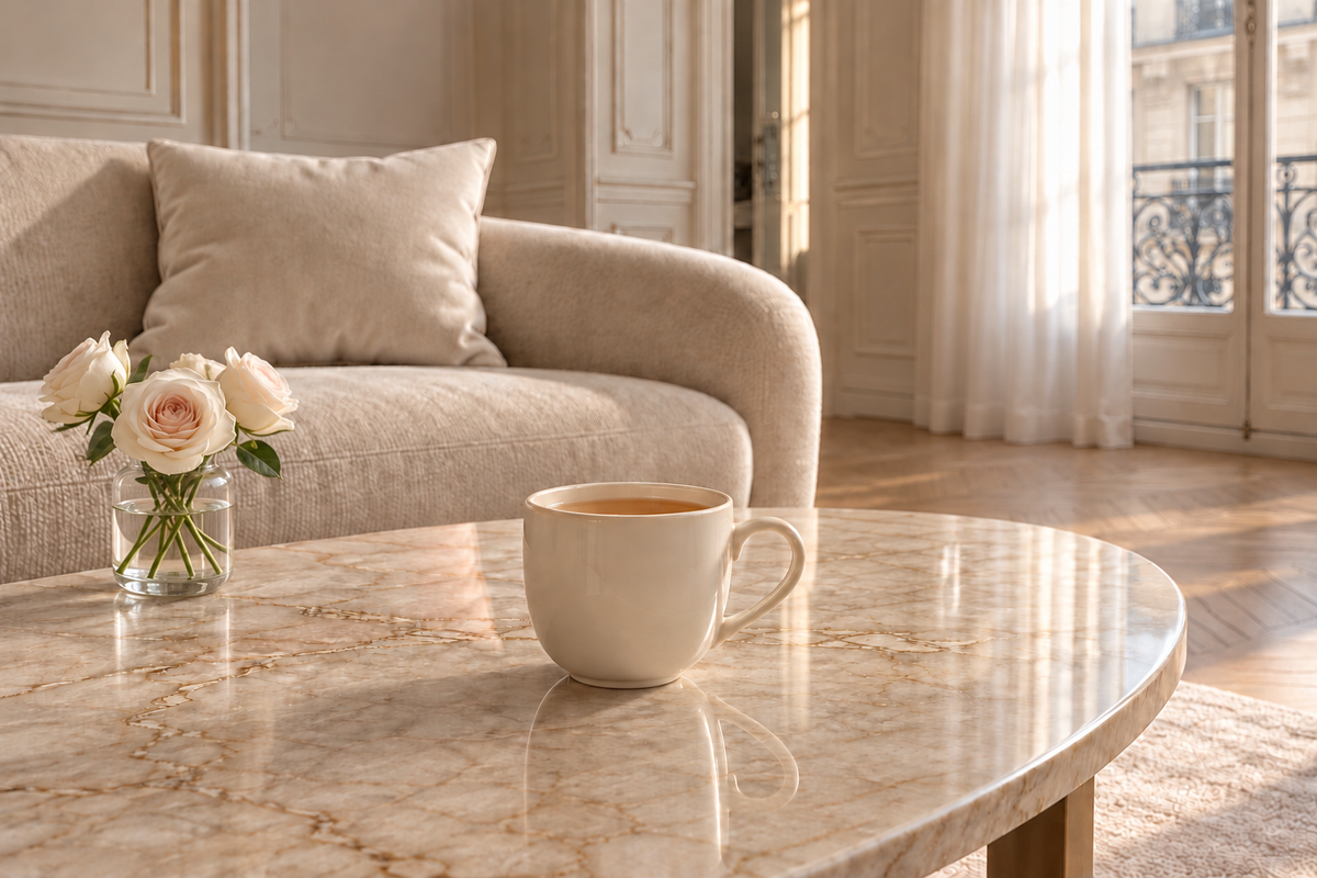 Mug ivoire contenant l’infusion Marquise Absolu sur une table en marbre beige, avec des roses dans un salon parisien lumineux — rituel Charme Privé de Hazellia.