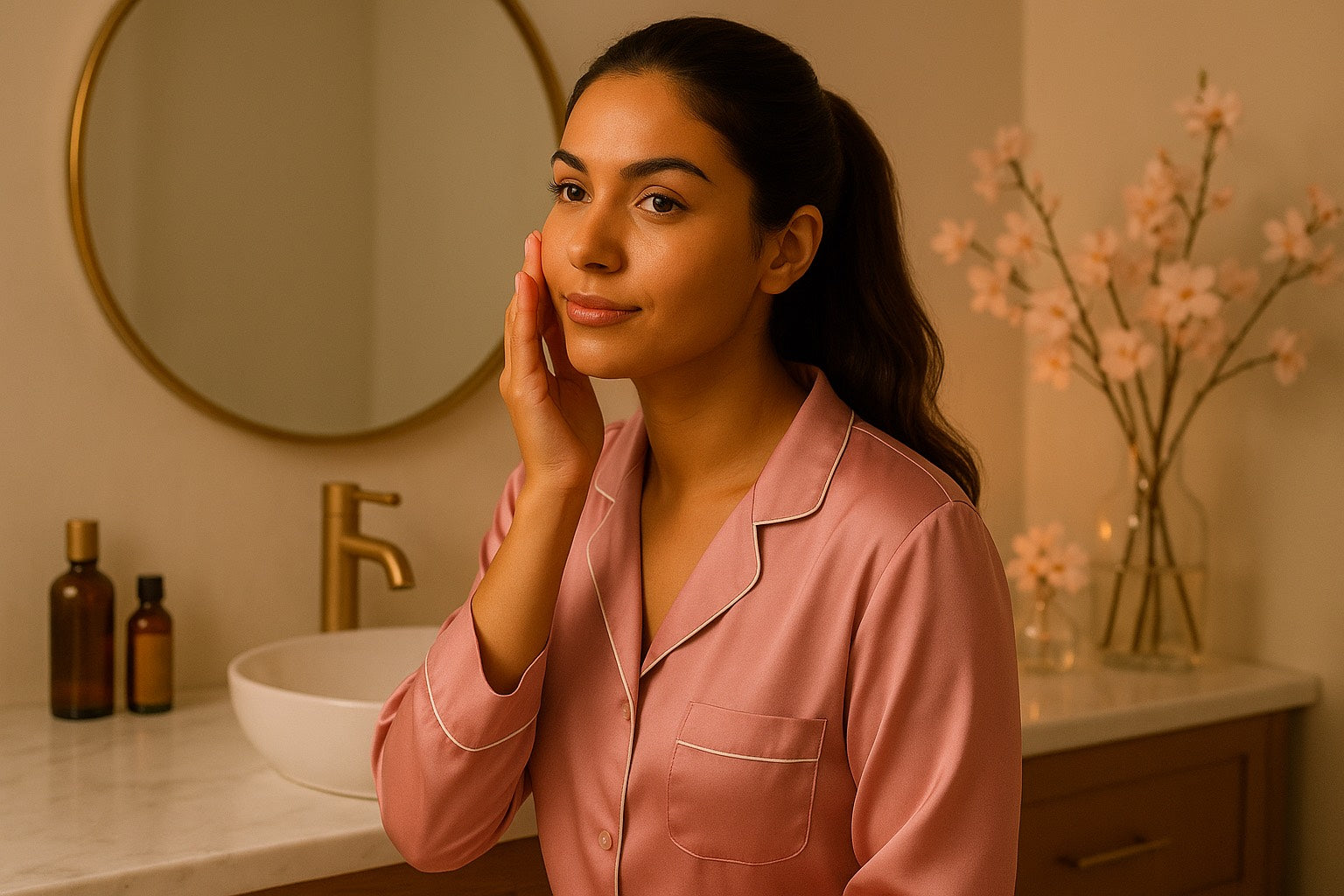 Femme effectuant sa routine beauté du soir dans une salle de bain lumineuse, soin du visage naturel et moment de détente avant le coucher.