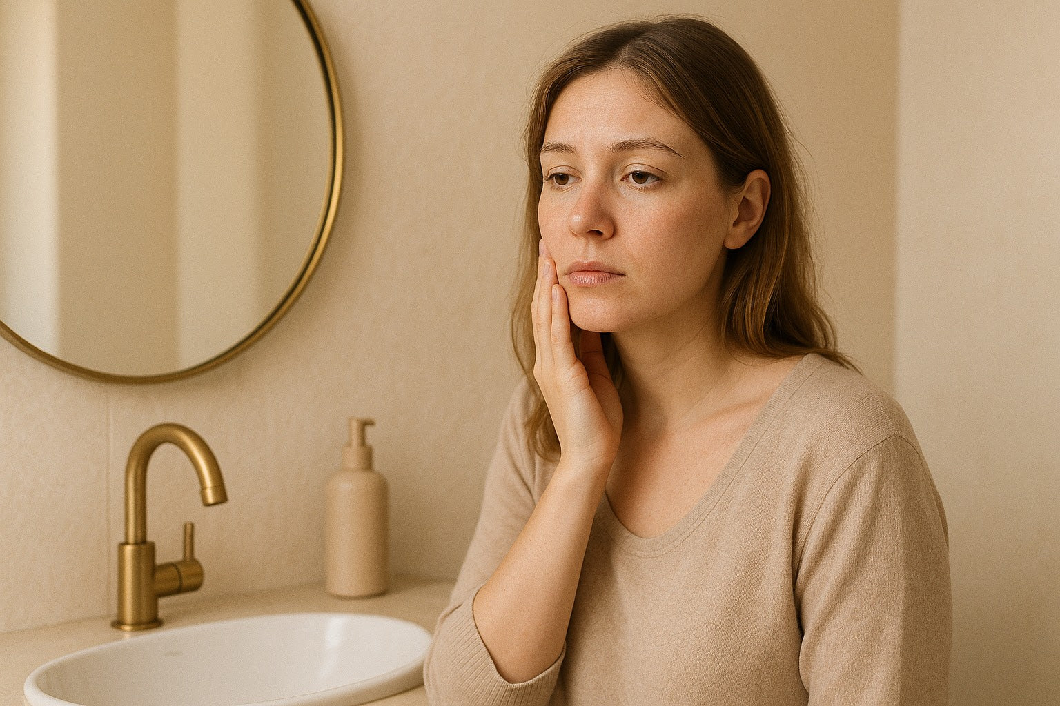 Femme devant un miroir dans une salle de bain beige, observant sa peau avec une expression neutre et légèrement préoccupée, une main posée sur la joue. Ambiance douce et minimaliste.