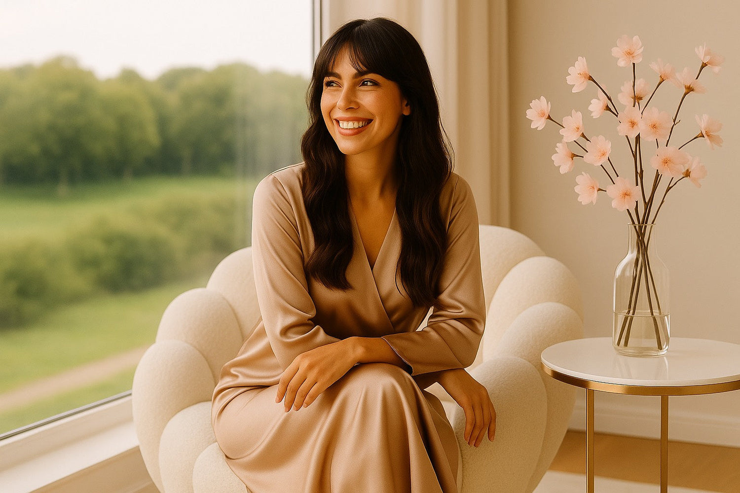 Femme élégante en robe satin beige assise sur canapé bubble blanc face à la baie vitrée, ambiance Hazellia lumineuse. 