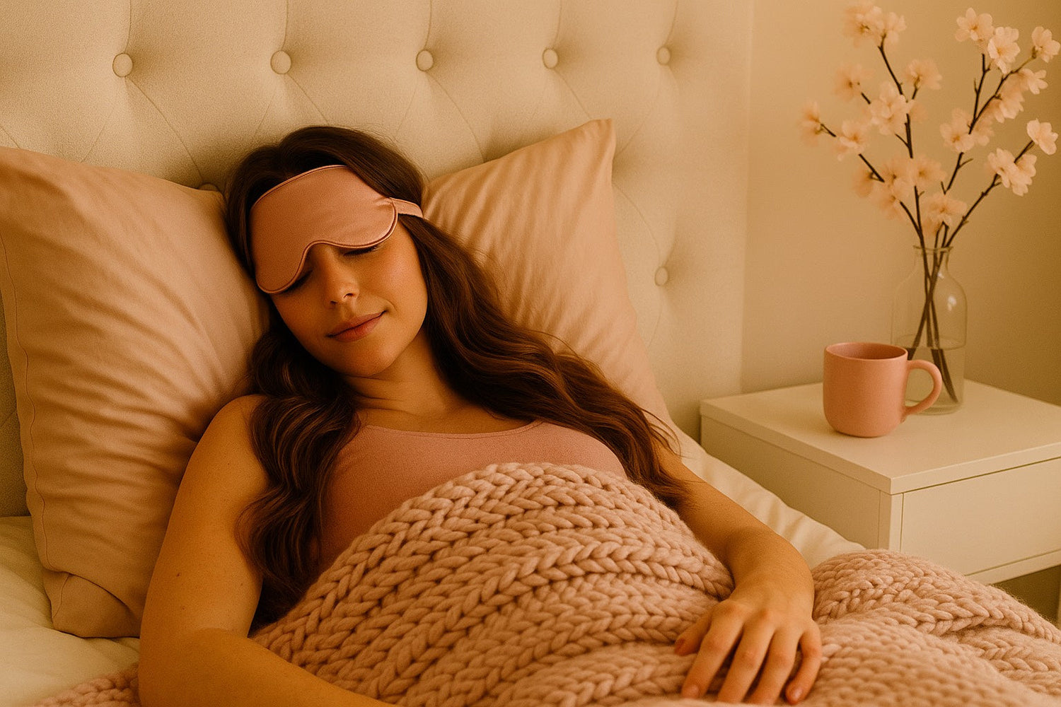 Femme relaxée allongée dans un lit cosy, masque de sommeil rose, couverture tricot et décor cocooning avec fleurs de cerisier