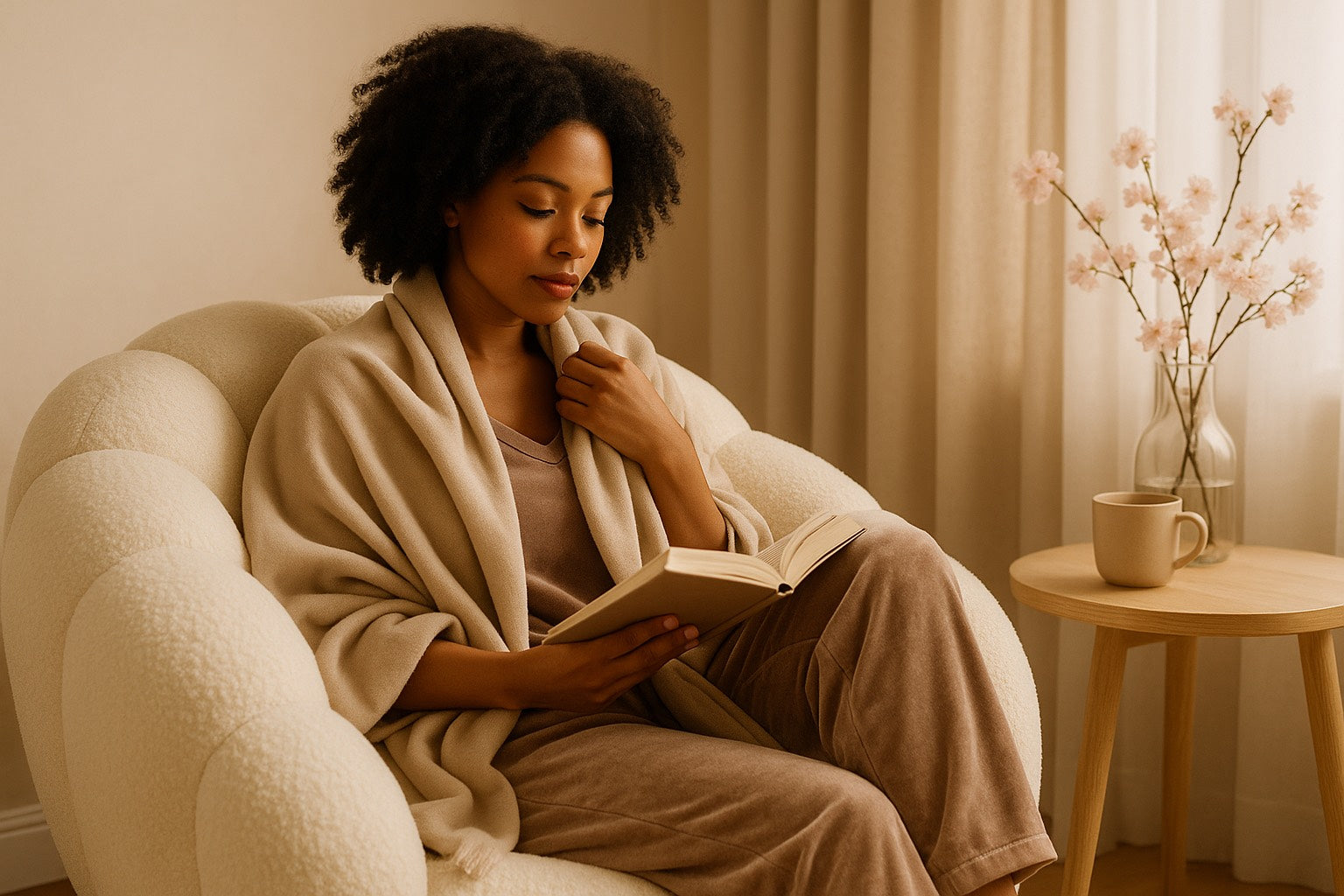 Femme assise dans un fauteuil cocooning en bouclette blanche, enveloppée dans un plaid beige, lisant un livre avec une tasse posée à côté. Ambiance douce, minimaliste et apaisante, illustrant un moment slow living et le changement d’habitudes en douceur.