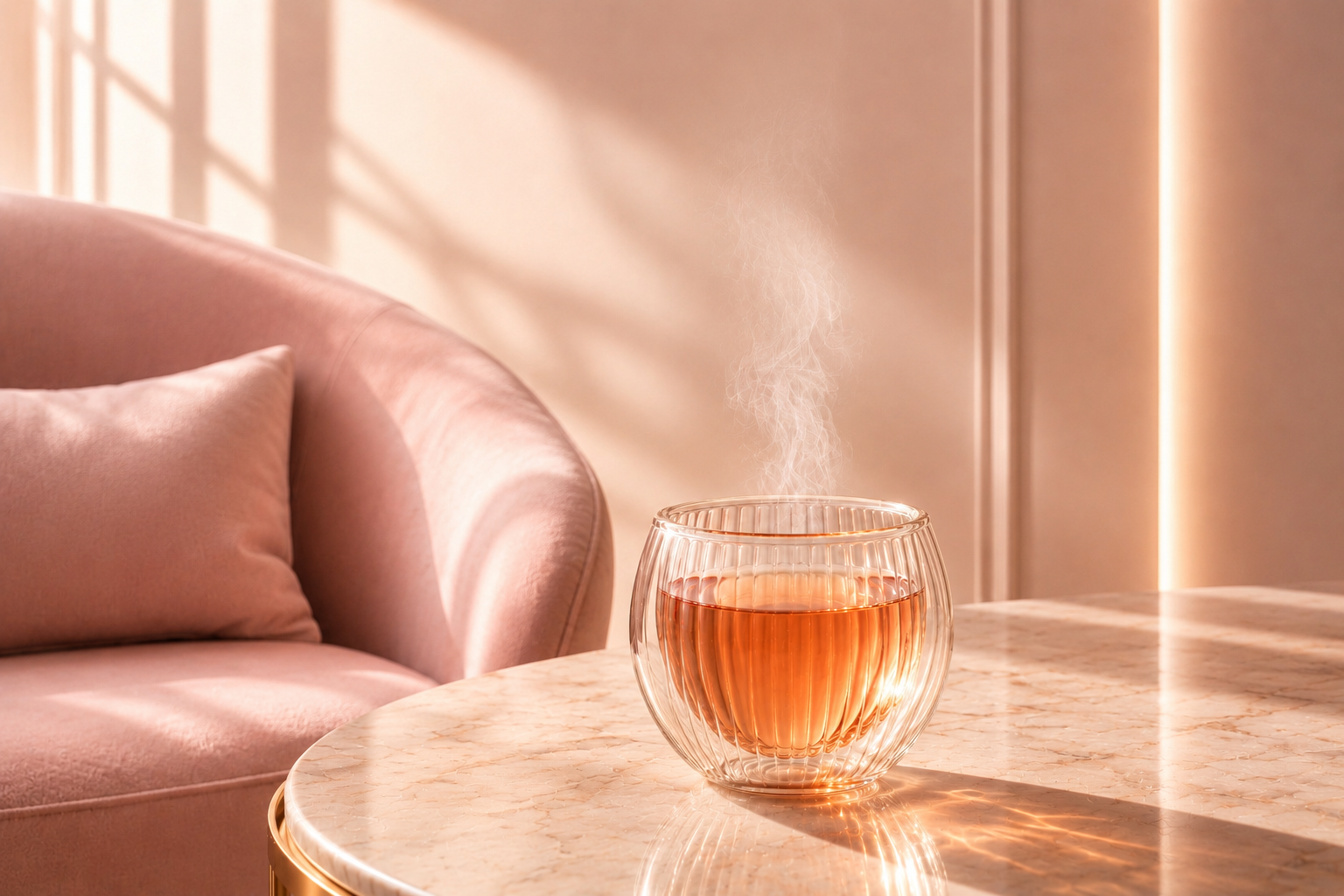 Rituel éclat fruité Hazellia avec infusion Pink Élixir dans un mug en verre sur table en marbre, lumière champagne et ambiance rose poudré élégante.