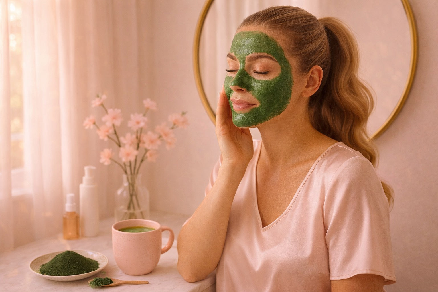 Rituel beauté Hazellia avec masque visage à la spiruline, femme assise dans une ambiance douce rose poudré, peau lumineuse et décor fleurs de cerisier
