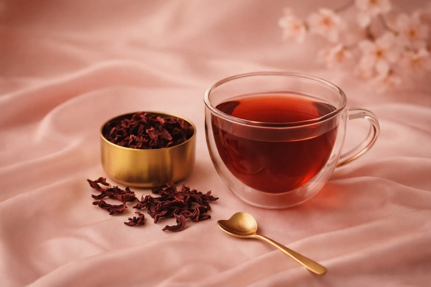 Infusion d’hibiscus rouge profond dans une tasse en verre double paroi posée sur une soie rose poudré, avec un bol doré de fleurs d’hibiscus séchées et une cuillère dorée – photographie premium style Hazellia