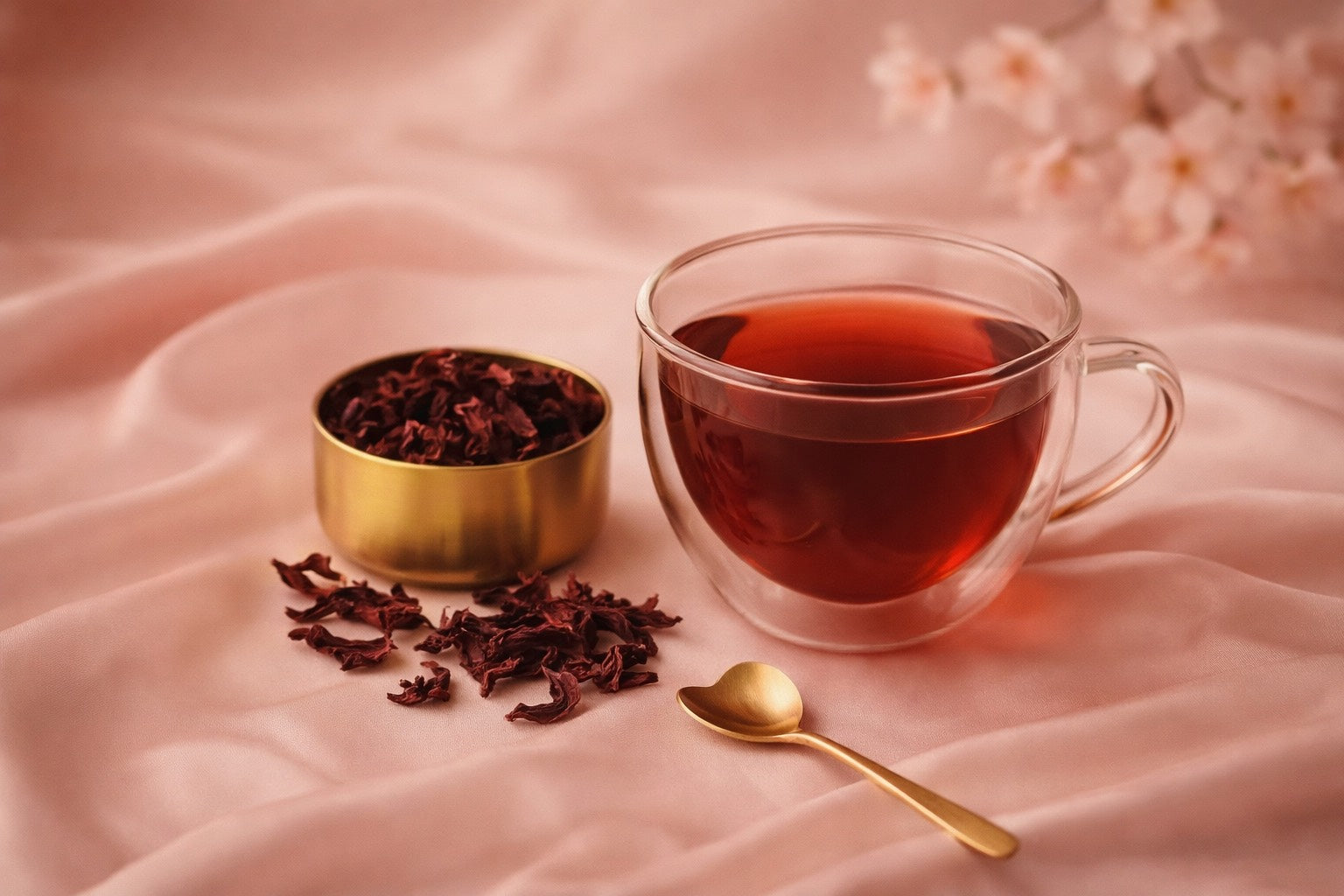 Infusion d’hibiscus rouge profond dans une tasse en verre double paroi posée sur une soie rose poudré, avec un bol doré de fleurs d’hibiscus séchées et une cuillère dorée – photographie premium style Hazellia