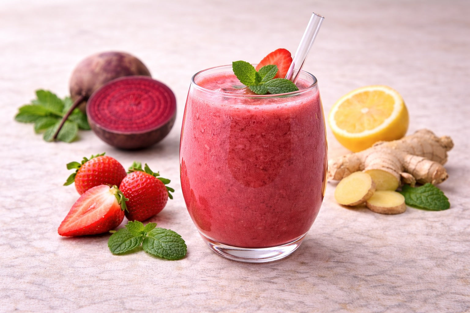 Jus rose à la betterave servi dans un verre élégant, ambiance douce et apaisante, univers bien-être Saison Dorée Hazellia.