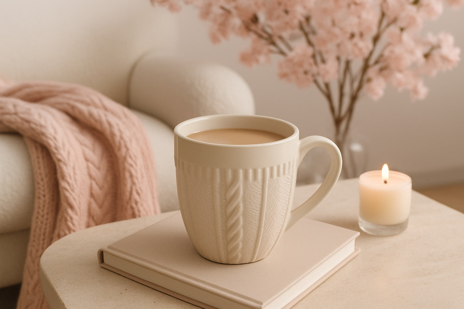 Mug texturé posé sur un livre, plaid rose, bougie allumée et ambiance cosy hivernale. Scène cocooning chaleureuse, slow living et routine détente.