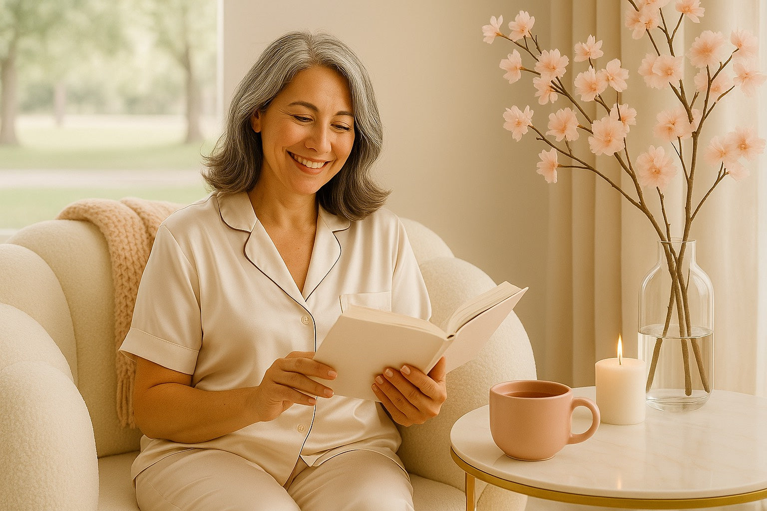 Femme mature aux cheveux gris lisant un livre dans un intérieur apaisant, avec tasse de thé et fleurs rosées, illustrant la douceur et la sérénité de la Saison Dorée