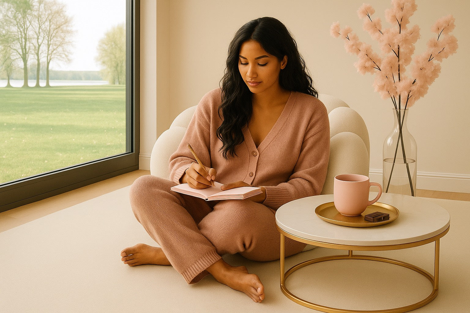 Femme assise sur un fauteuil bubble écrivant dans un carnet rose, ambiance douce Hazellia avec mug et plateau doré.