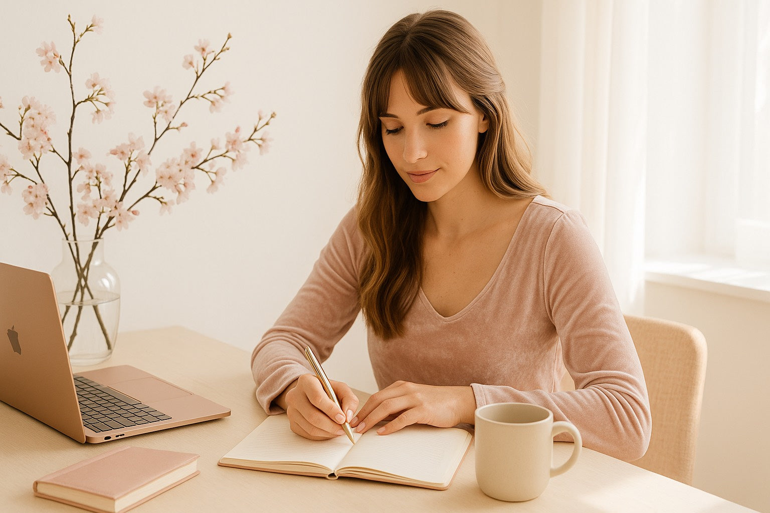 Femme écrivant dans un journal pour alléger sa charge mentale, assise à un bureau beige avec ordinateur, carnet, tasse et vase de fleurs. Ambiance douce, minimaliste et bien-être féminin.